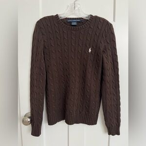 Ralph Lauren Sport Womens Cable Knit V-Neck Sweater Chocolate Brown Cotton Sz M